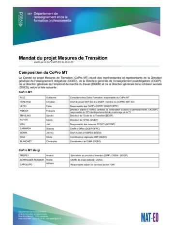 Aperçu de la première page de Mandat du projet Mesures de Transition